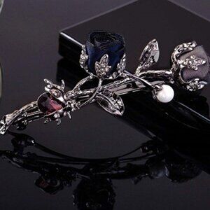 Dark Blue & Gray-Blue Silk Petite Roses Barrette - Pearl - Garnet…